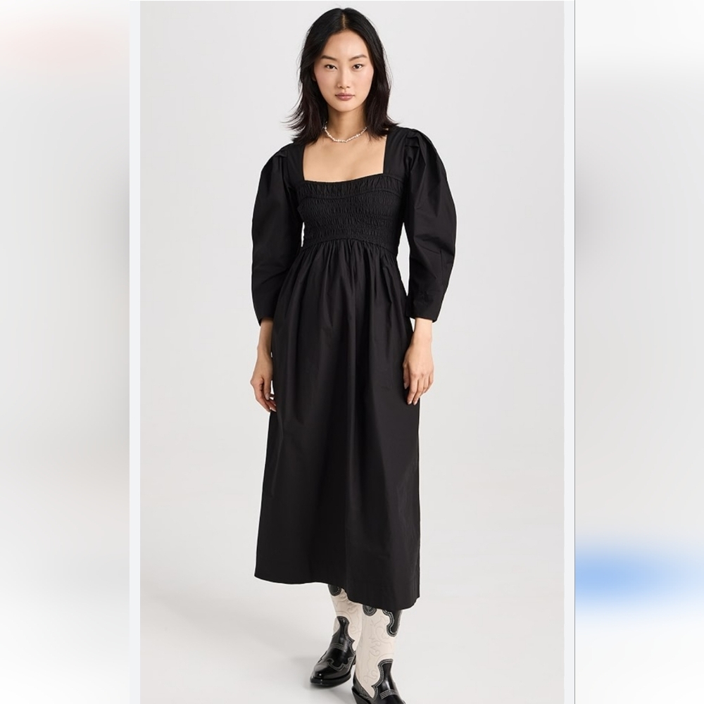 Ganni Poplin Smocked Organic Cotton Black Maxi Size 36